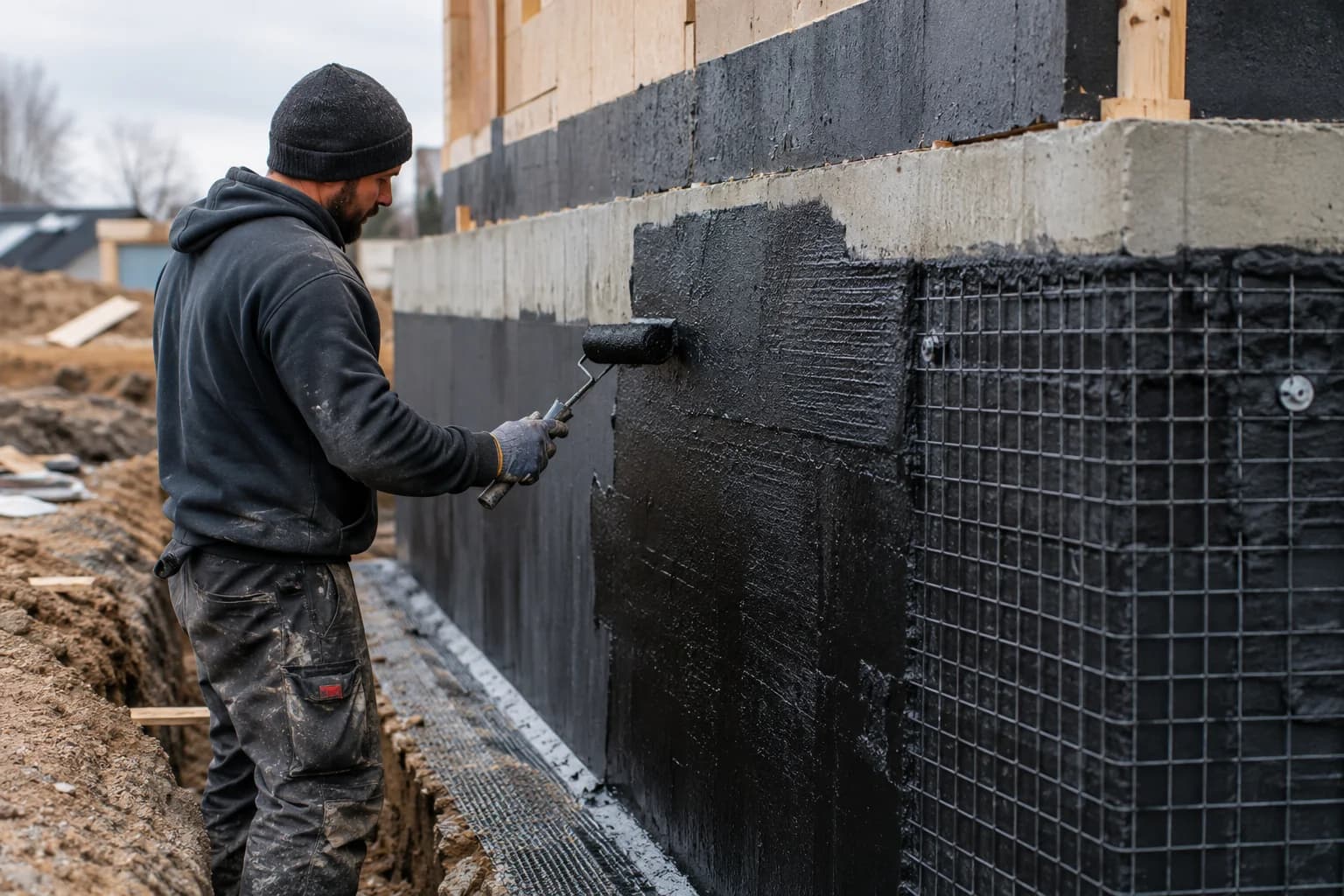 Nanášení hydroizolační vrstvy na základovou stěnu