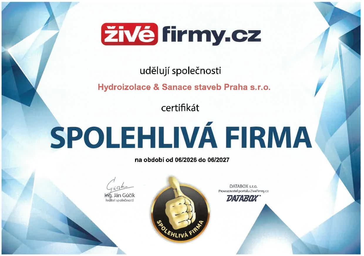 Certifikát Spolehlivá firma na období 06/2026 až 06/2027 — Živéfirmy.cz