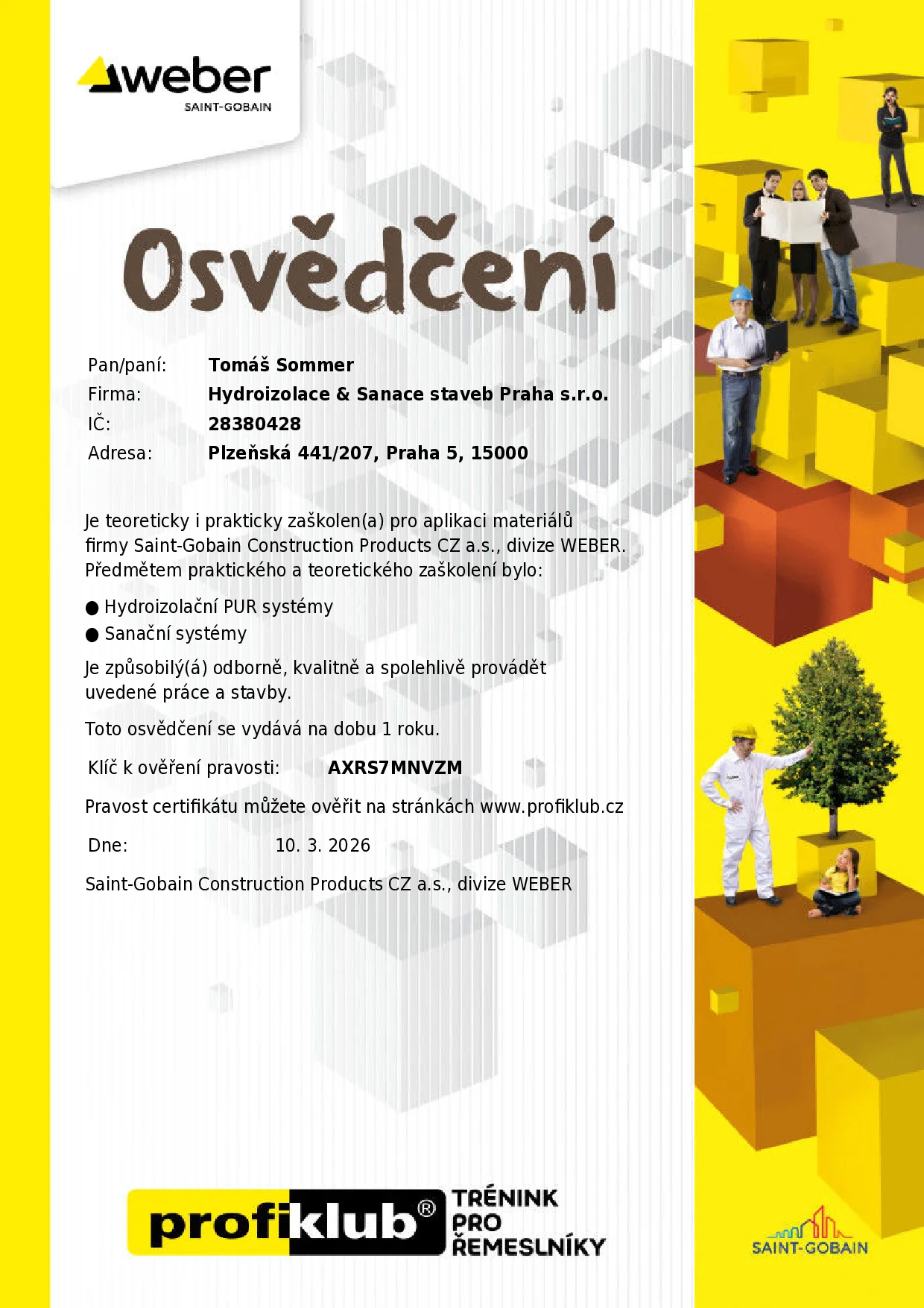 Osvědčení Weber — certifikát pro hydroizolační PUR systémy a sanační systémy